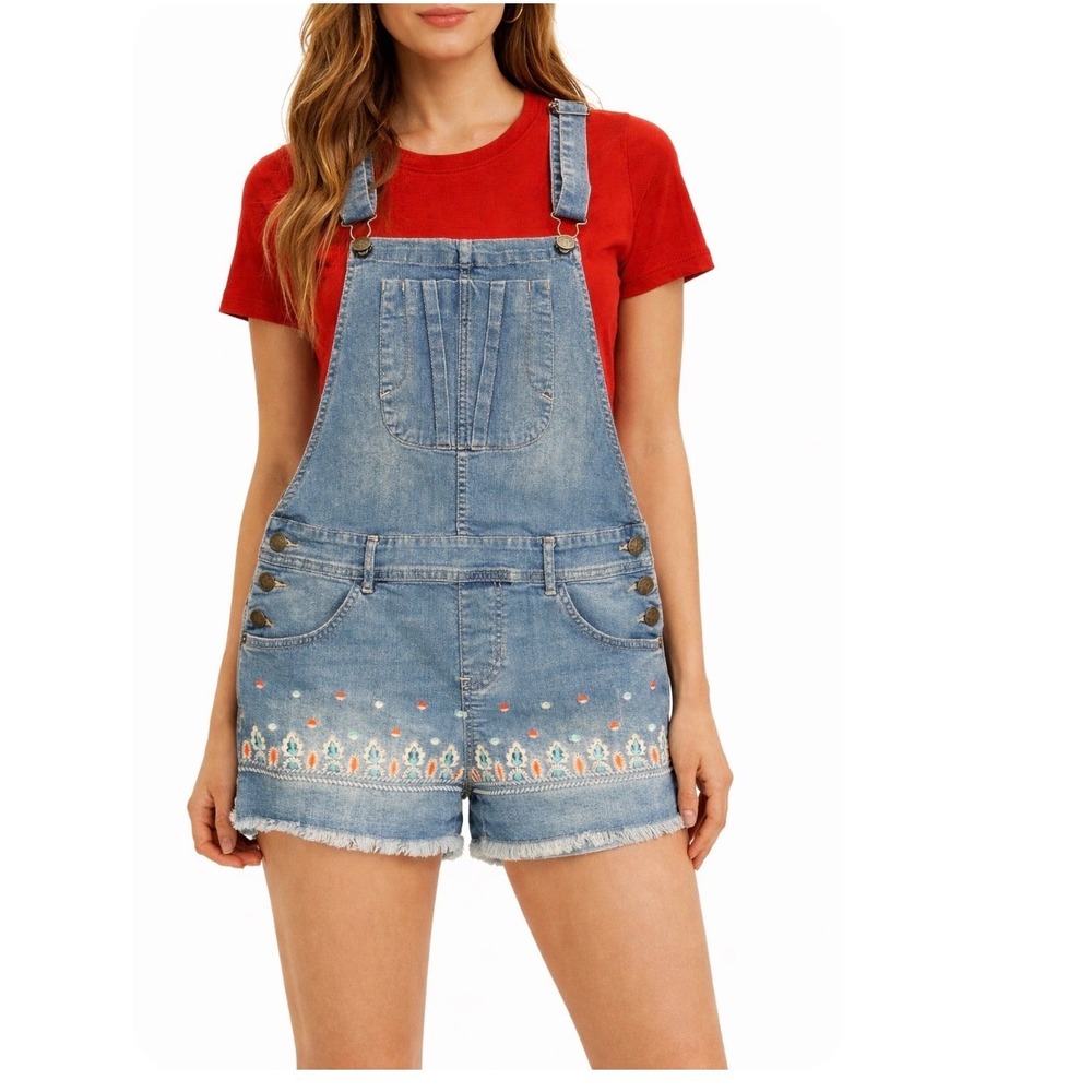 American Rag Denim Overall Shorts Light Wash Embroidered Boho Blue Womens Size 5